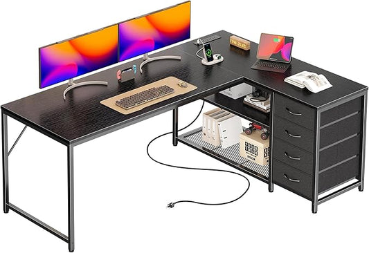 PRAISUN 53" L Shaped Desk with Power Outlets & USB-C Port, Reversible Computer Corner Office Desk with 4 Fabric Drawers and 2 Storage Shelves, Large Desk for Gaming Writing Work Study, Black