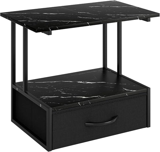 Masupu Printer Stand for Desk, Printer Table with Fabric Storage Drawer, 2 Tier Desktop Shelf, Multi-Purpose Desk Organizer for Home Office, 3D Printer, Fax Machine, Scanner, Marble Black