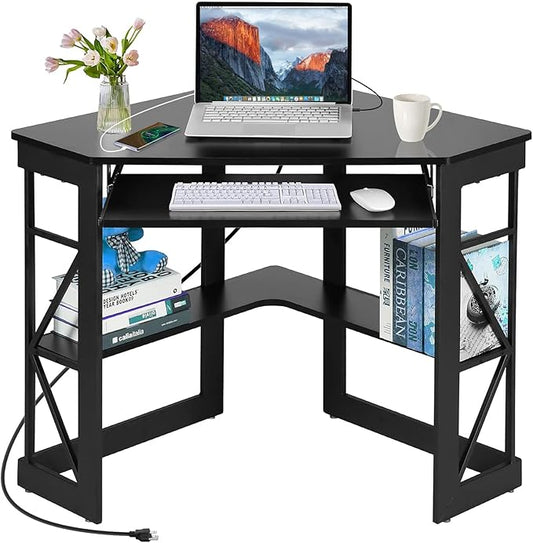 VECELO Corner Desk, Triangle Computer Desk for Small Space with Charging Station and Keyboard Tray, Corner Makeup Table with Storage Shelves for Home Office Bedroom, 41x30, Balck