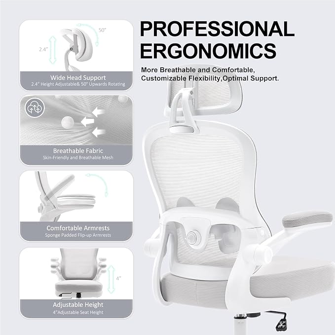 Ergonomic Office Chair,Ultra Thick Office Desk Chair with Adjustable Lumbar Support and Headrest,Spring Cushion,Rocking Function,Flip-up arms,Mesh Computer Chair for Home Office,Grey