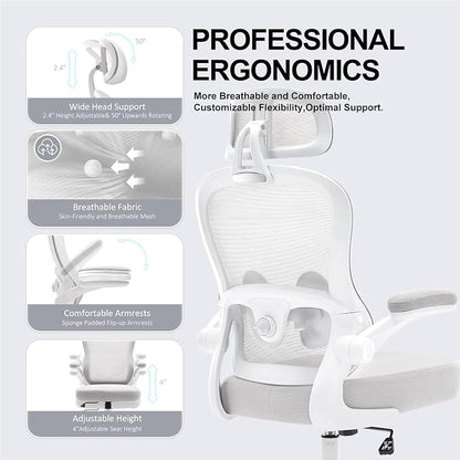 Ergonomic Office Chair,Ultra Thick Office Desk Chair with Adjustable Lumbar Support and Headrest,Spring Cushion,Rocking Function,Flip-up arms,Mesh Computer Chair for Home Office,Grey