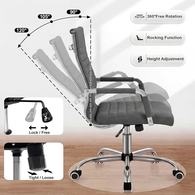 Shahoo Ribbed Office Chair, Mid-Back PU Leather Office Chair Executive Task Chair with 360° Swivel Wheels for Conference Room, Home Offices (Bicolor Vintage Grey)