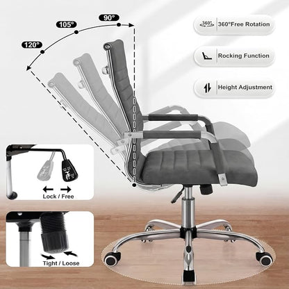 Shahoo Ribbed Office Chair, Mid-Back PU Leather Office Chair Executive Task Chair with 360° Swivel Wheels for Conference Room, Home Offices (Bicolor Vintage Grey)