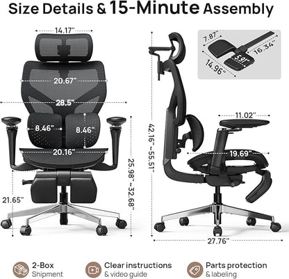 Ergonomic Office Chair with Adaptive Dual-Wing Lumbar Support - Over 10 Hours Sitting Comfortable Mesh Big and Tall Home Desk Chair, 4D Headrest, 2-Gear Footrest, 630° Armrst, Seat Depth Adjustable