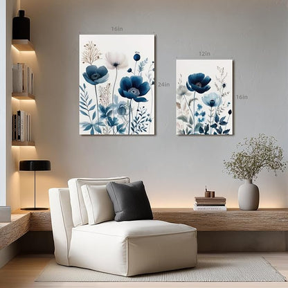 LLEEMPI Framed Navy Blue Floral Wall Art Set of 3, Modern Wildflower Wall Decor, Watercolor Botanical Canvas Paintings, Classic Minimalist Poster Prints for Bedroom Bathroom Office 12x16 Inch