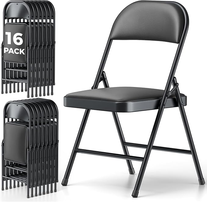 16 Pack Folding Chairs, PU Leather Folding Dining Chairs with Padded Cushion Seat & Back, Indoor Outdoor Folding Chair Set for Home Office, Parties, Events, Wedding, Extra Guest Seating