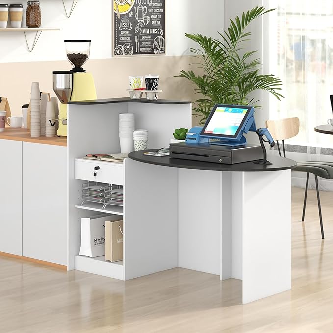 Tangkula Reception Desk, Front Counter Desk with Lockable Drawers, L Shaped Retail Counter with Oval Desktop, Checkout Computer Workstation for Salon Lobby Home Office