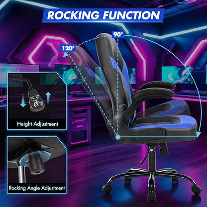 Sweetcrispy Computer Video Game Desk Chair: Ergonomic Comfy Lumbar Support, PU Leather with Flip-up Armrest, Height Adjustable and 360° Swivel, for Adults, Black Blue