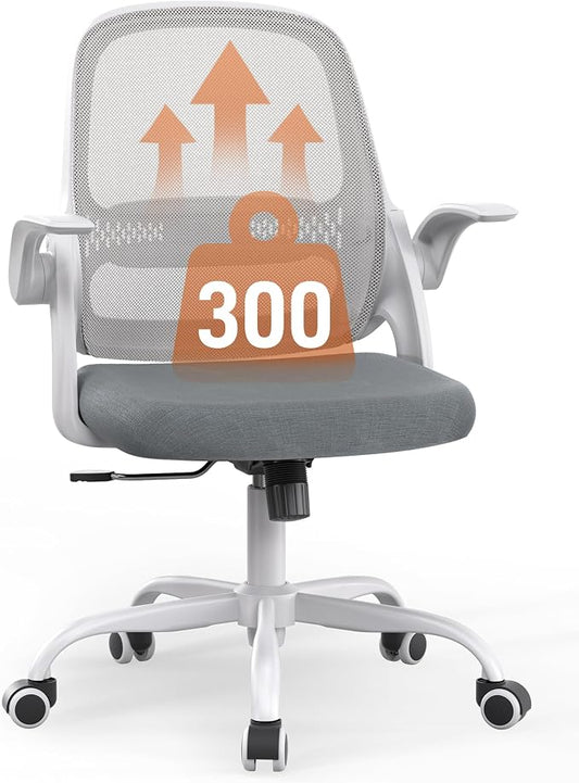 Ergonomic Mesh Office Chair with Flip-Up Arms, Adjustable Height, Breathable Mesh Back & Thick Cushion Seat, 360° Swivel Rolling Computer Desk Chair, BIFMA Certified, Supports 302 lbs（Gray）