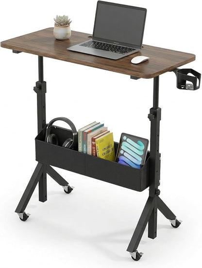 HUANUO Mobile Standing Desk with Wheels and Storage Basket, Height Adjustable 28.7"-46.1" Rolling Desk for Walking Pad, Small Space Laptop Computer Workstation for Home Office