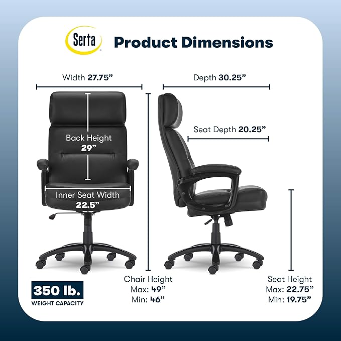 Serta Comfort Executive Big & Tall Office Chair, Ergonomic High-Back Computer DeskChair, Semi Plush Cushion Seat, Soft Padded Armrests, SertaQuality Foam, Metal Swivel Base, Bonded Leather, Black