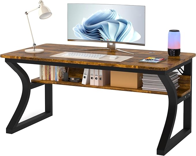 AZN Computer Desk, 55 X 20 inch Computer Desk, Office Desk w/Storage, Large Legroom, Sturdy Metal Frame, Home Office Desks for Gaming Study Writing Work, Waterproof, Scratch-Resistant, Rustic Brown