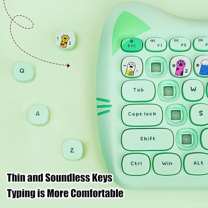 Cute Cat 2.4G USB Wireless Keyboard and Mouse Combo, Silent Keys, Candy Colors, Compatible with Notebook, PC (Green-110Keys)