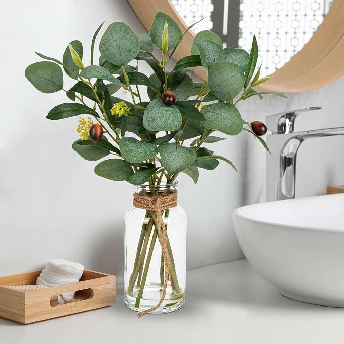 Briful Artificial Eucalyptus Stems in Glass Vase with Faux Water, 14" Fake Plant Olive Leaves for Home Office Farmhouse Wedding Centerpiece Décor