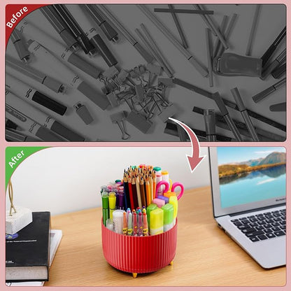 Marbrasse Desk Organizer, 360-Degree Rotating Pen Holder for Desk, Desk Organizers and Accessories with 5 Compartments Pencil Organizer, Art Supply Storage Box Caddy for Office, Home (Red)