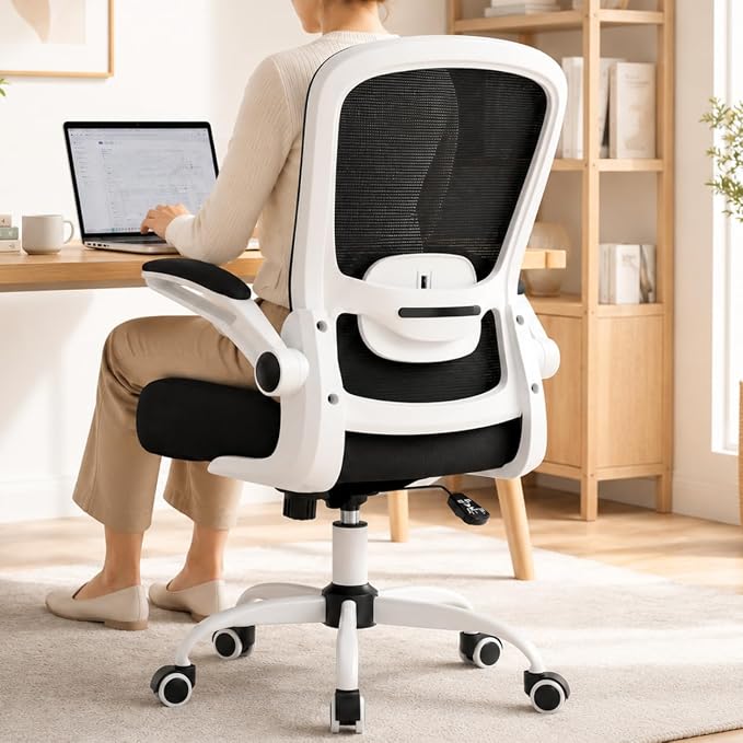 Mimoglad Ergonomic Office Chair - Desk Chair with Flip-up Armrests & 135° Recline, Adjustable Lumbar Support - Space-Saving Task Chair for Business/Team Office & Home (White Frame-Black, 350lbs)