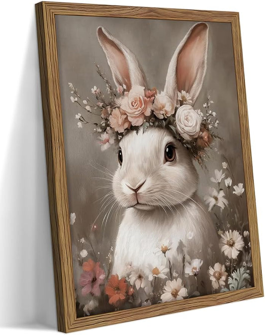 Framed Vintage Easter Bunny Wall Art, White Bunny with Flower Crown Canvas Prints, Cottage Farmhouse Animal Artwork, Rustic Easter Wall Decor for Kids Room Girls Bedroom Living Room 12x16in