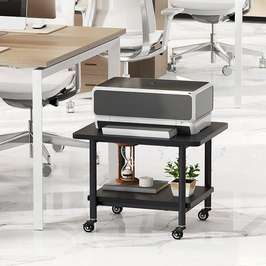 GOFLAME Under Desk Printer Stand, 2-Tier Mobile Printer Table with Storage Shelf, Metal Frame, Rolling Printer Cart Holder Storage Rack with Lockable Wheels for Home Office, Black
