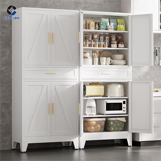 COFaR 71'' Tall Metal Pantry Cabinet with Drawer, Kitchen Storage Cabinet with 4 Doors and Shelves, Freestanding Farmhouse Food Cupboard for Kitchen Dinning Room Garage, White 6-Tier
