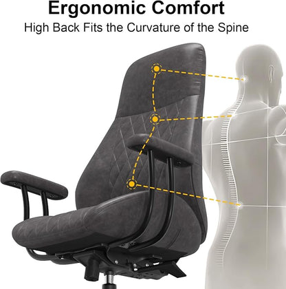 E-Ser Leather Desk Chair, Mid Century Modern Office Chair, Grey | Lumbar Support, Ergonomic, 360° Swivel, Rubber Rolling Wheels, Adjustable Height, for Adults