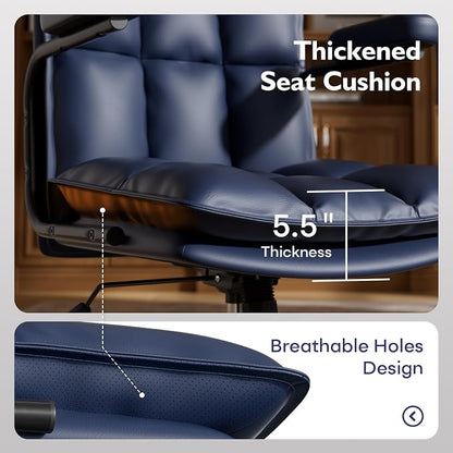 Ollega Mid Century Modern Desk Chair, Vintage Leather Office Chair, Blue | Petite Computer Chair for Small to Medium Women, Thickened Back, Cozy Seat, Adjustable Height for Home