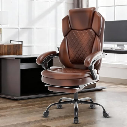 400lbs Reclining Office Desk Chair with Footrest, Managerial Executive Chair Lounge Chair for Office, Plus Size Brown Leather Recliner Office Chairs