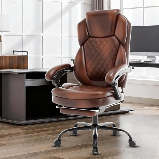 400lbs Reclining Office Desk Chair with Footrest, Managerial Executive Chair Lounge Chair for Office, Plus Size Brown Leather Recliner Office Chairs