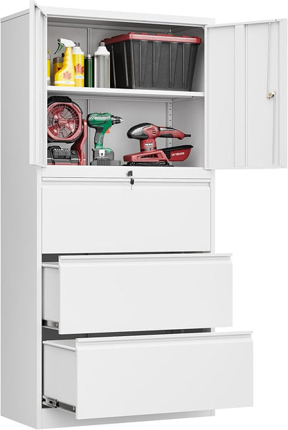 Fesbos 3 Drawers Metal Lateral File Cabinet with Lockable Drawer and Dorrs - White Large Steel Filing Cabinet for Home Office Hanging Files Letter/Legal/F4/A4 Size
