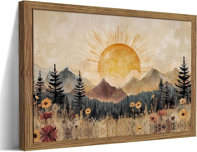 Framed Vintage Sunrise Mountain Landscape Wall Art, Golden Sunburst Meadow Forest Canvas Print, Retro Wildflower Nature Artwork, Rustic Boho Wall Decor for Living Room Bedroom Office 16x24in