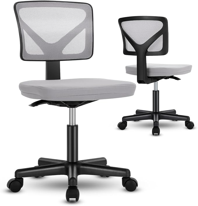 DUMOS Armless Desk Chairs Set of 2, Ergonomic Adjustable Home Office Swivel Rolling Task Chair No Arms, Comfy Mesh Mid Back Computer Work Vanity Desk Chiars with Wheels for Small Spaces, Light Grey