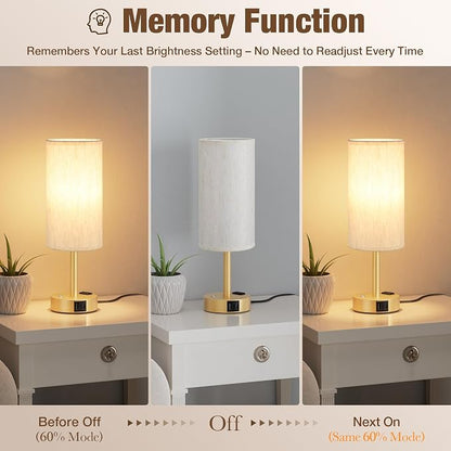 Touch Bedside Table Lamp with Memory - Stepless Dimmable Lamp for Bedroom, Small Nightstand Lamp with Dual USB Charging Ports and AC Outlet, Wood Night Light, Desk Lamp for Nursery (Cream & Gold)