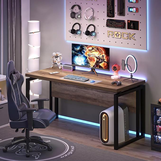 EXCEFUR Modern Computer Desk for Home Office, PC Laptop Gaming Desk, Metal Wood Study Writing Table Workstations for Bedroom Living Room, 53 Inch, Rustic Oak