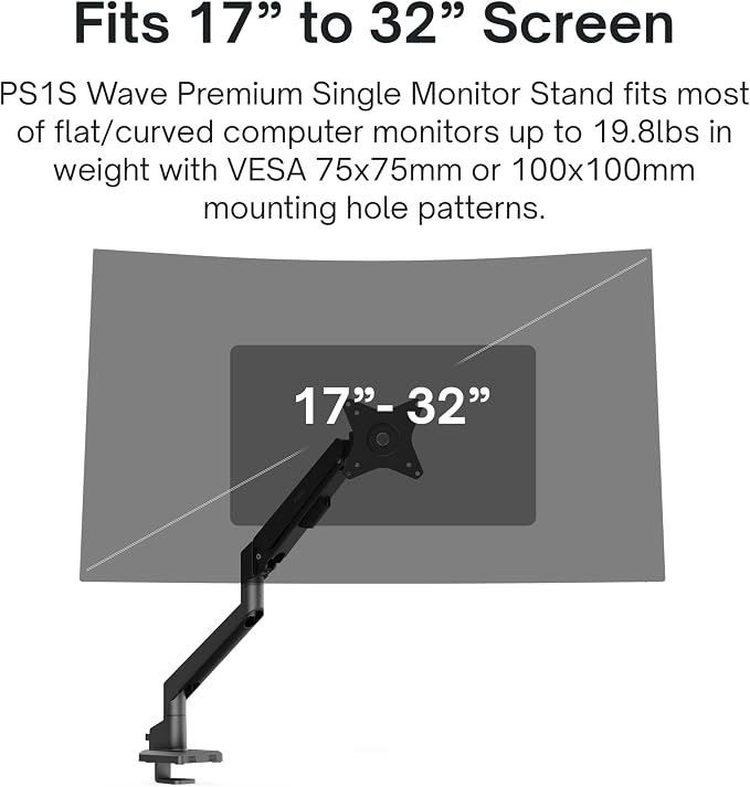 Pixio PS1S Wave Black Single Monitor Arm Stand Desk Mount - Fits up to 32 inches Monitors and up to 19.8lbs. VESA Compatibility and Integrated Cable Management