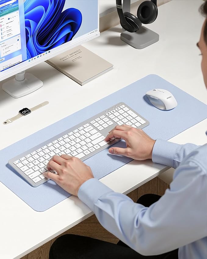 seenda Wireless Keyboard and Mouse Combo for Windows PC, Laptop, Mac, iPad, Bluetooth & 2.4G 3-Device Multi-Connection, Ultra Slim Full Size Quiet Keyboard, Adjustable DPI Mouse, Silver