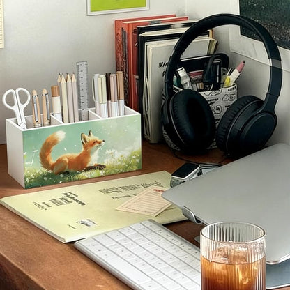 Fox Pen Pencil Holder for Desk, Fox Gifts for Women Men, Animal Lovers Gifts, Rustic Wildflower Wild Animal Wooden Box Sign Decorations for Kids Room Bedroom Home Office Desk Tabletop