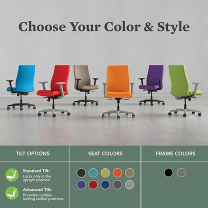 HON Ignition 2.0 Ergonomic Office Chair with Adjustable Arms, Standard Synchro‑Tilt Recline, Upholstered Desk and Computer Chair for Home Office or Workstation, Titanium Frame, Bark