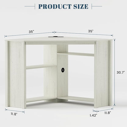 Corner Desk with Charging Station & LED Light, Triangle Computer Desk for Small Spaces with Storage Shelves & CPU Stand, Space Saving Writing & Makeup Vanity Desk -White