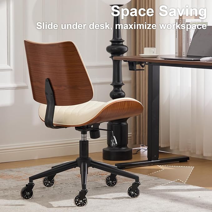 Armless Office Chair with Wheels, Ergonomic Leather Chair, Mid Back 360 Swivel Computer Chair, Modern Walnut Desk Chair for Small Space, Reading, Meeting Room, Beige