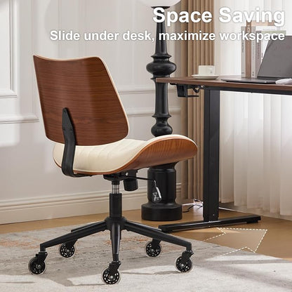 Armless Office Chair with Wheels, Ergonomic Leather Chair, Mid Back 360 Swivel Computer Chair, Modern Walnut Desk Chair for Small Space, Reading, Meeting Room, Beige