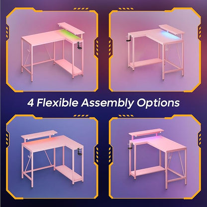 Pinmoco 42" Reversible Small L-Shaped Gaming Desk with LED Lights, Pink | corner desk fits small spaces, monitor stand, cup holder, headset hook, carbon fiber surface, for gaming and home office