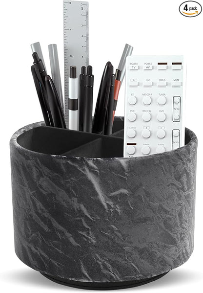 Round Leather Art Supply Organizer,Remote Control Holder,360 Degree Spinning,Multi-Functional Pencil Holder,4 Compartments Desktop Stationary Organizer(1-Hill Black)
