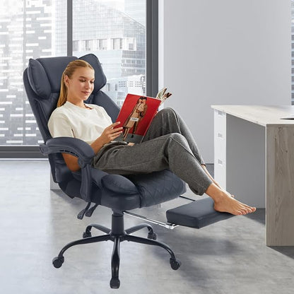 Big Tall Reclining Executive Office Chair with Footrest, 400lbs Ergonomic Recliner Desk Chairs with Lumbar Support, Heavy Duty High Back Lower Back Support Computer Chair with Wheels, Black