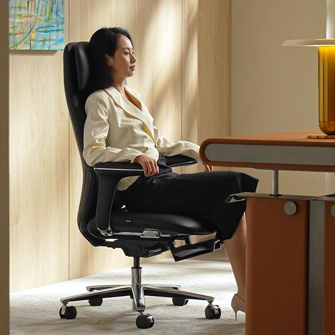 TOMU Executive Office Chair with Foot Rest, Top Grain Genuine Leather Office Chair, Ergonomic High Back Design. Real Leather, Wheels, Alumium Base. Padded Armrest, Luxury and Comfy (Black)