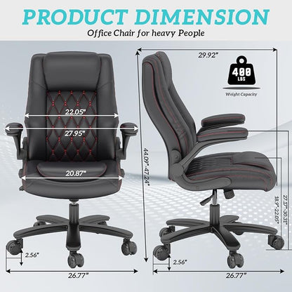 GYI High Back Executive Office Desk Chair, Leather Computer Chair, Black | 2.6"Rubber Wheels, Flip-up Arms, Heavy Duty Base, Thick Padded Seat, Lumbar Support, Home, Conference Rooms, Reception Areas