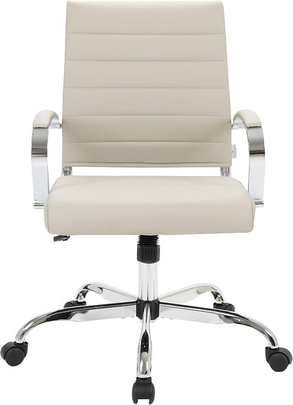 LeisureMod Benmar Leather Office Desk Chair, Mid-Back Ergonomic Swivel Chair with Lumbar Support, Adjustable Height, Tilt Lock, Cushioned Seat & Back, Home Office Task Chair (Tan, Pallet)