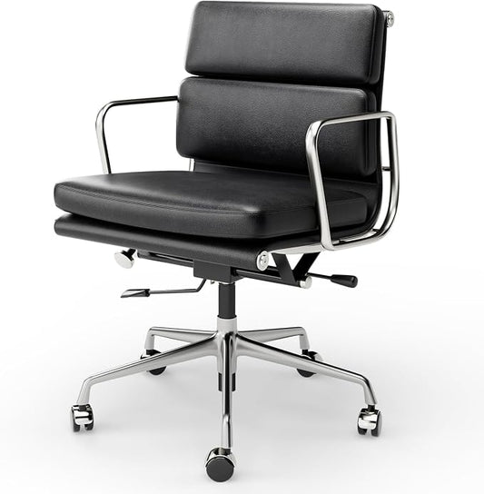 Genuine Leather Office Chair, Padded Mid Back Ergonomic Executive Desk Chair with Aluminum Arm Rest and Base, Swivel Wheels with Lumbar Support & Tilting Function, Hight Adjustable, Black