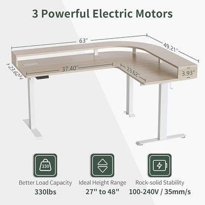 FEZIBO 63"x49" L Shaped Standing Desk with Arc LED & Power Outlet, Electric Height Adjustable L Shaped Desk with Monitor Stand, for Gaming Office, Light Walnut（2 Packages）