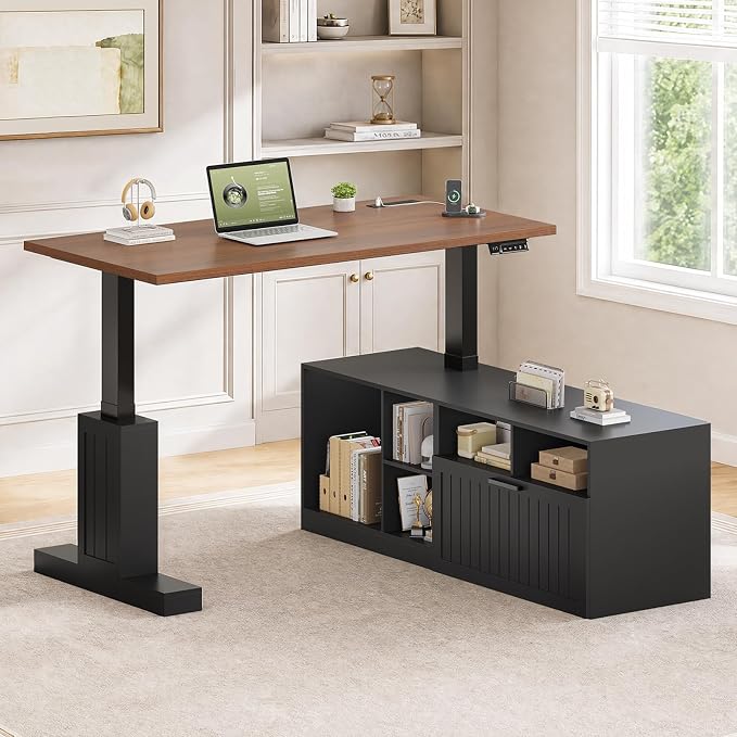 Farmhouse L Shaped Standing Desk with Lateral File Cabinet, 55.1" X 54.3" Electric Executive Desk Adjustable Height with Power Outlets, Shelves, Sit Stand Corner Computer Desk for Home Office, Black