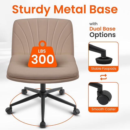 Orange Factory Criss Cross Chair with Wheels Comfy Wide Vanity Desk Chair Dual Base Leather Armless Adjustable Swivel for Home Computer Task (Brown Pu, Faux Leather)