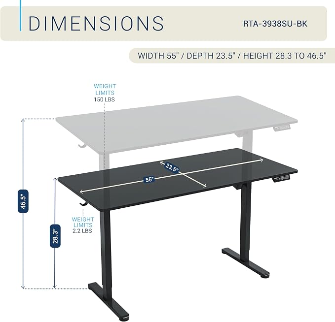 Techni Mobili 55” W Electric Standing Desk, Height Adjustable Sit-to-Stand Desk with 3 Memory Presets and Dual Accessory Hooks, Computer Workstation for Home or Office, Black